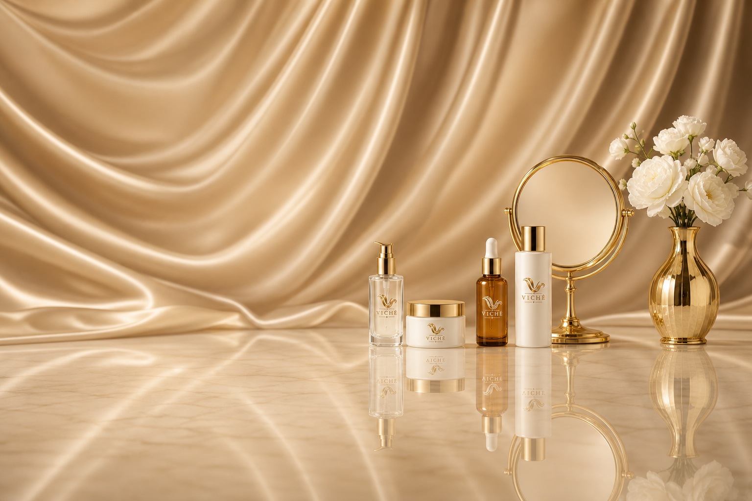 Viché luxury skincare products on champagne silk